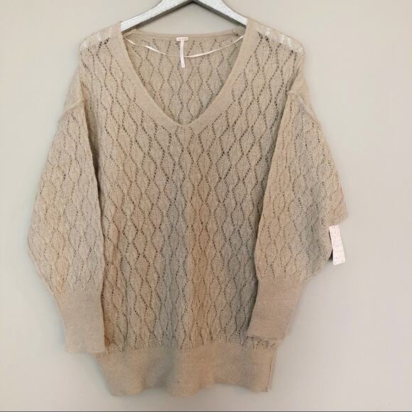 Free People Say Hello Oversized Knit Tunic Sweater Tan NEW - Picture 2 of 9